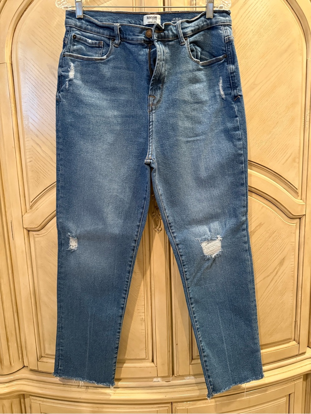 Kensie Women's Blue Distressed The Juliet High-Rise slim Jeans, size 14